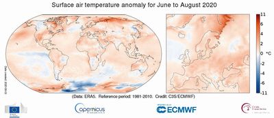 Anomalija povrinske temperature zraka od lipnja do kolovoza 2020. u usporedbi s prosjekom od lipnja do kolovoza u razdoblju 1981-2010.