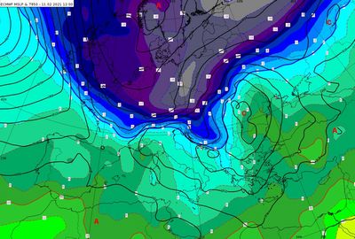 Foto: ECMWF prognoza prizemnog tlaka zraka i temperature na 850 hPa za etvrtak, 11. 2. 2021. u 12 UTC (DHMZ)